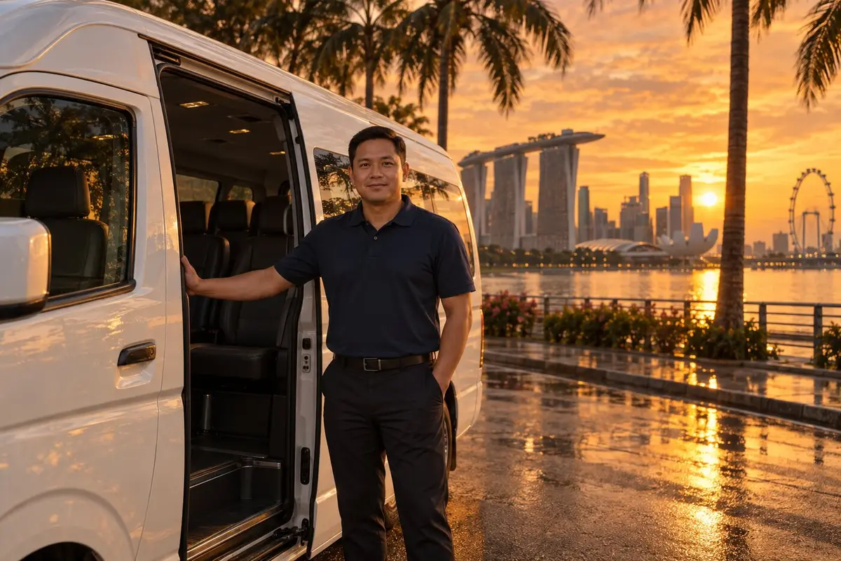 An AM’S Transport driver at the open door of a high-roof van on the Marina Bay waterfront